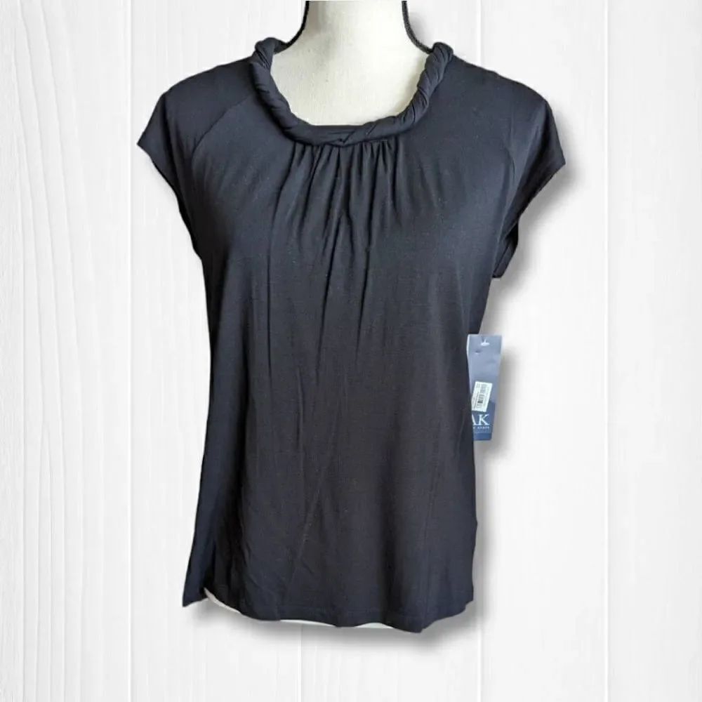 AK Anne Klein Women's Black Top Rolled Neckline Style Short Sleeve Black Large